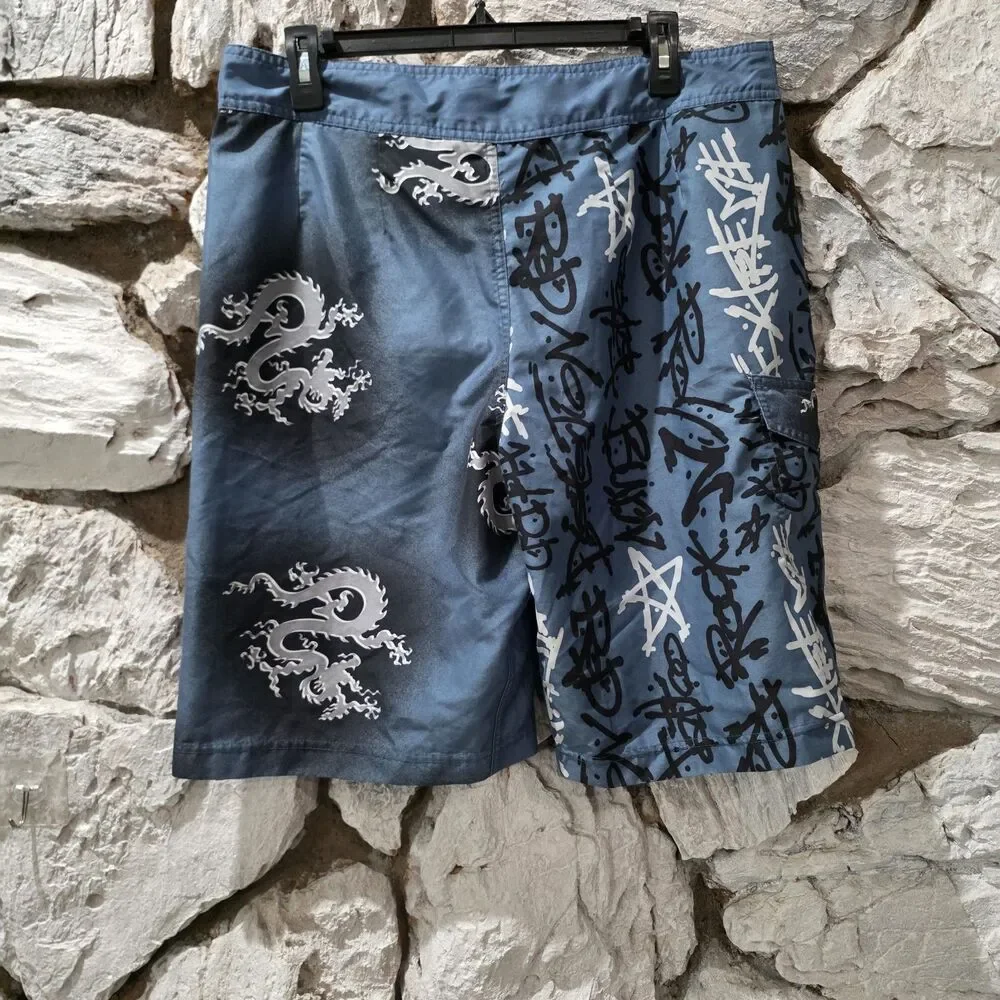 Vintage Y2K No Boundaries Dragon Blue Board Shorts Men’s 34 Swim Trunks Grunge